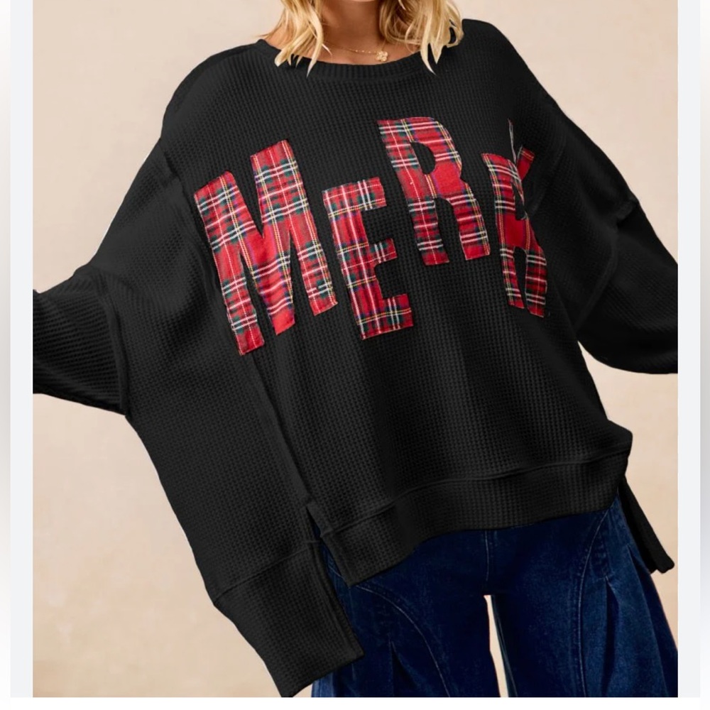 BiBi Black Waffle Knit Sweatshirt with Red Plaid Lettering